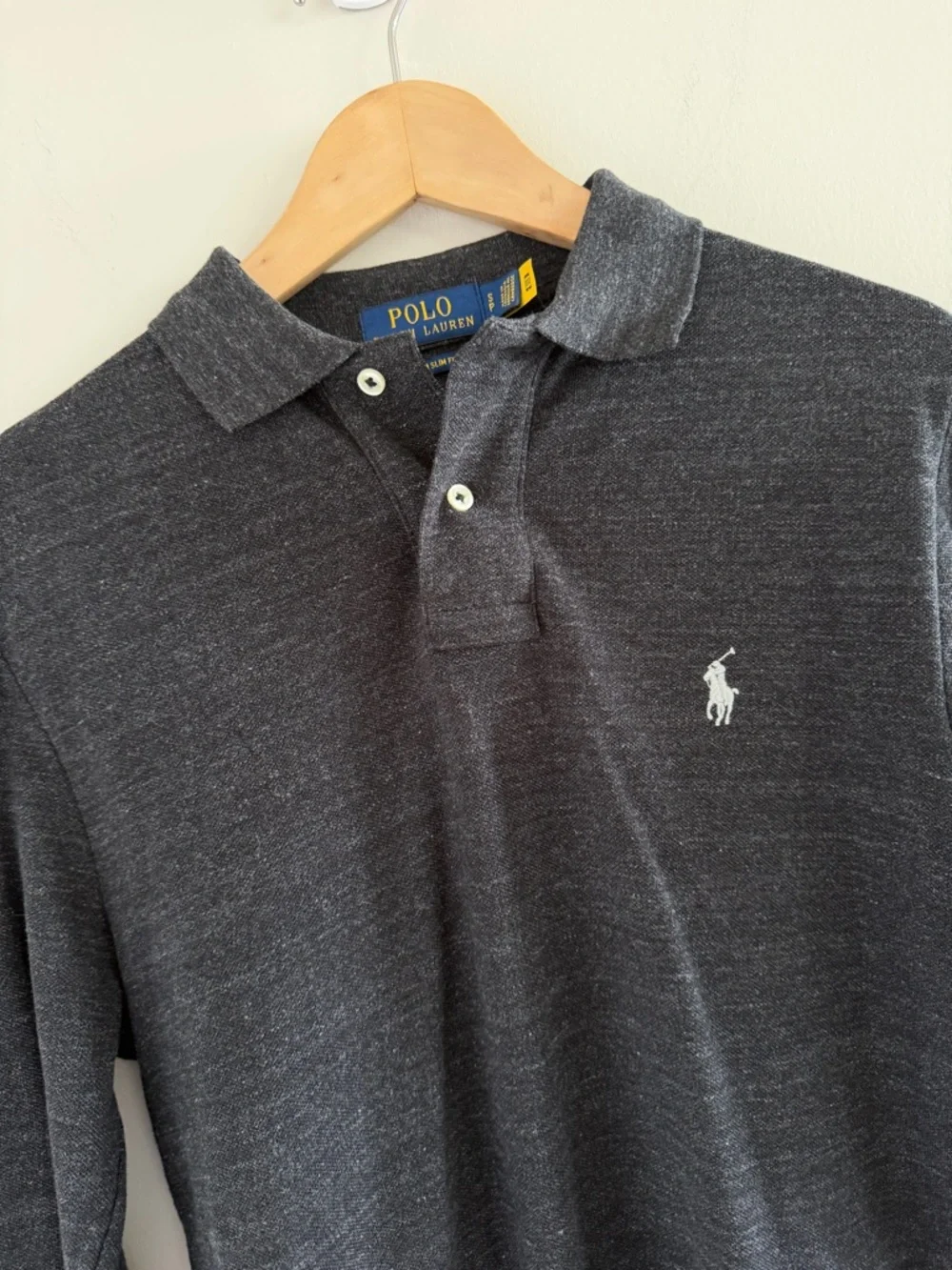 Polo Ralph Lauren Gray Long‎ Sleeve Polo Shirt Slim Fit Preppy Minimalist Mens S